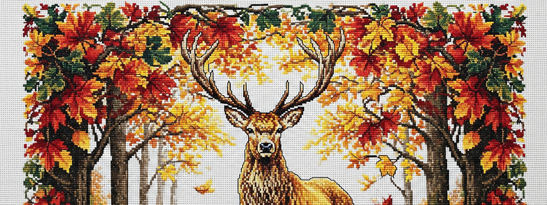 Cross Stitch of a Stag in an Autumnal Setting
