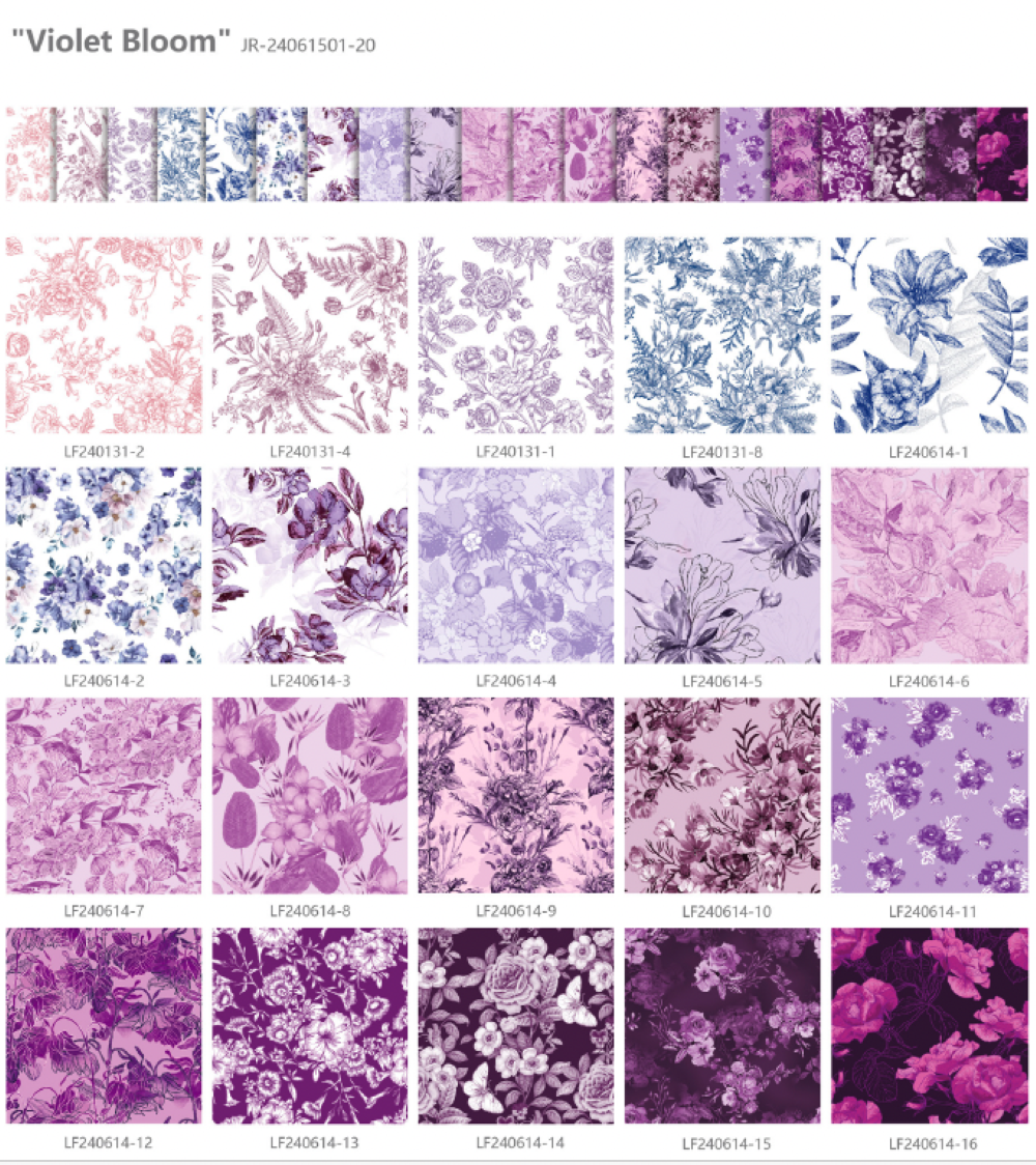 Collection of 'Violet Bloom' fabric swatches in various shades of purple and pink.