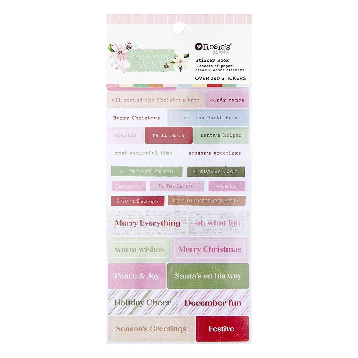 Rosie's Sticker Book with various Christmas-themed stickers on a white background