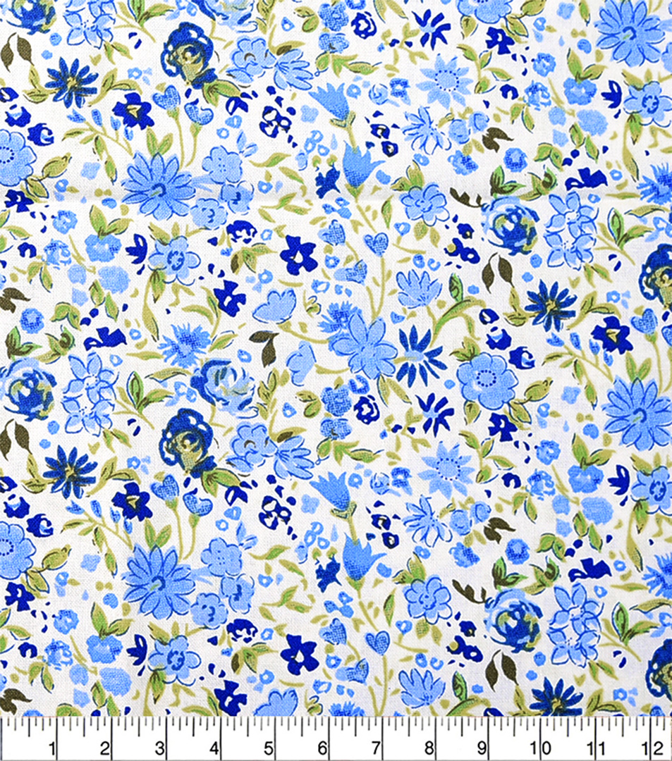 Floral pattern with blue flowers on a white background