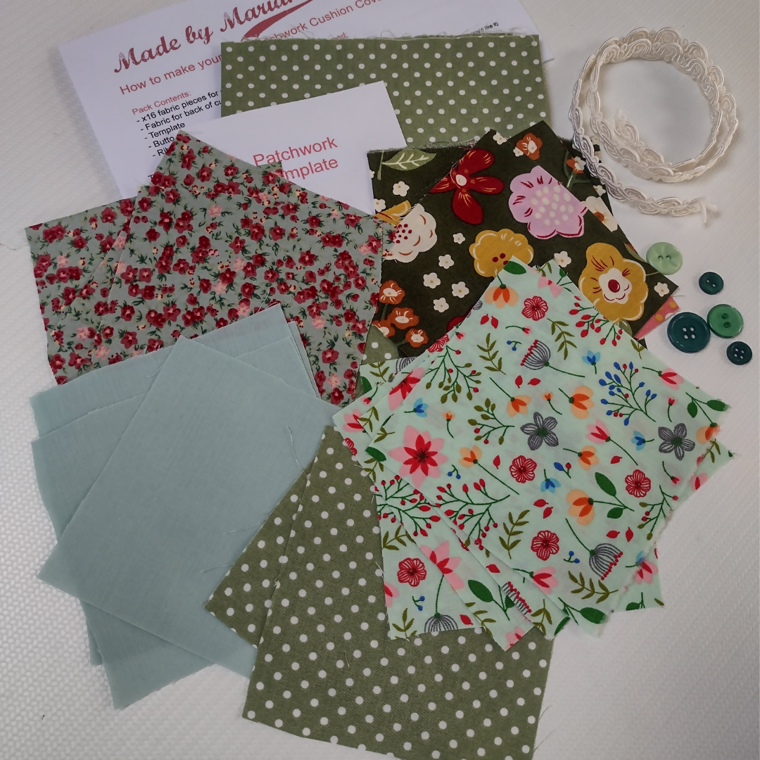 Collection of fabric samples with floral and polka dot patterns on a white background.