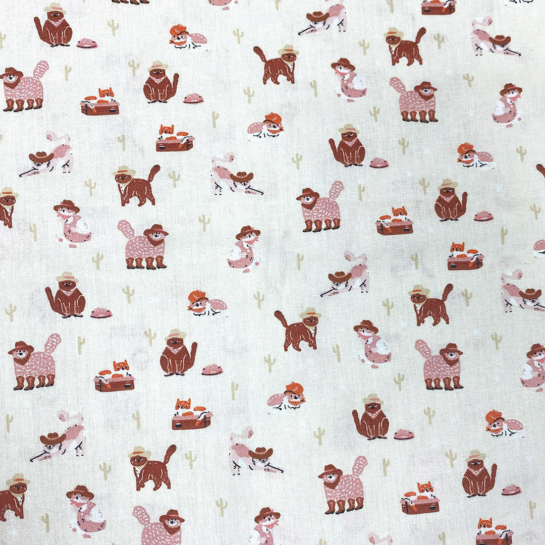 Pattern of cartoon animals in cowboy hats on a white background