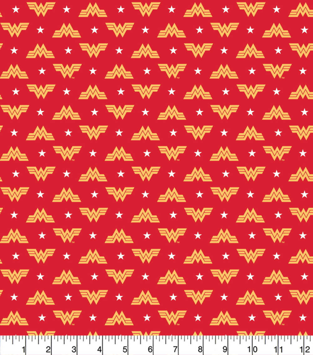 Red fabric with yellow Wonder Woman logo pattern