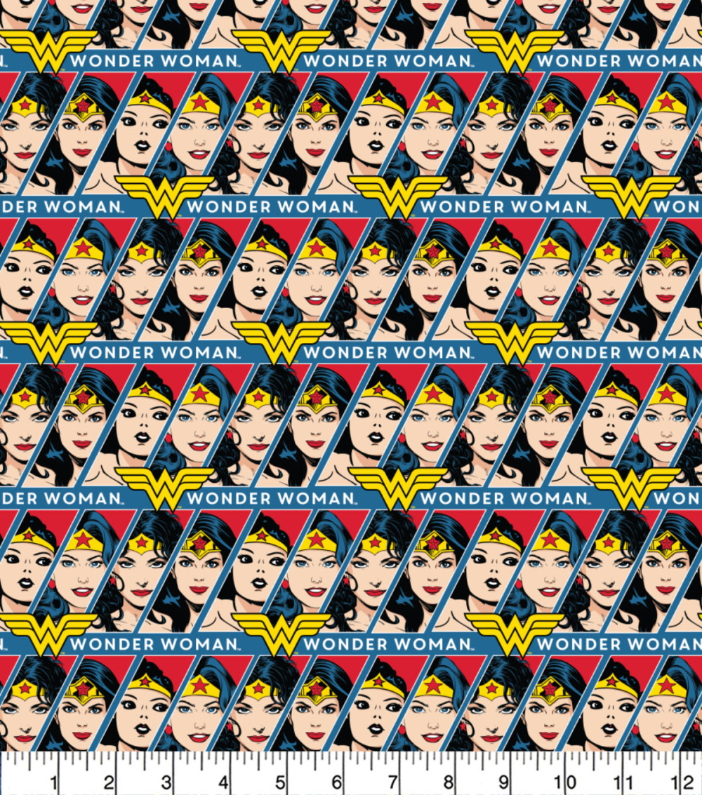 Pattern of Wonder Woman's face and logo on a red background with a ruler at the bottom.