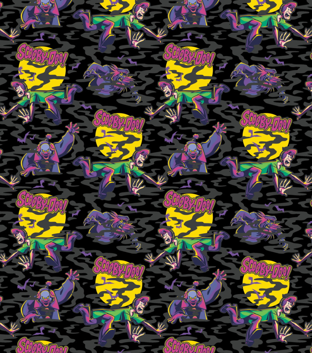 Pattern of cartoon characters with 'Scary Day!' text on a black background