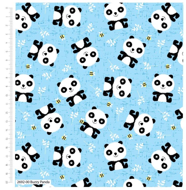 Pattern of cartoon pandas on a blue background with a ruler for scale.