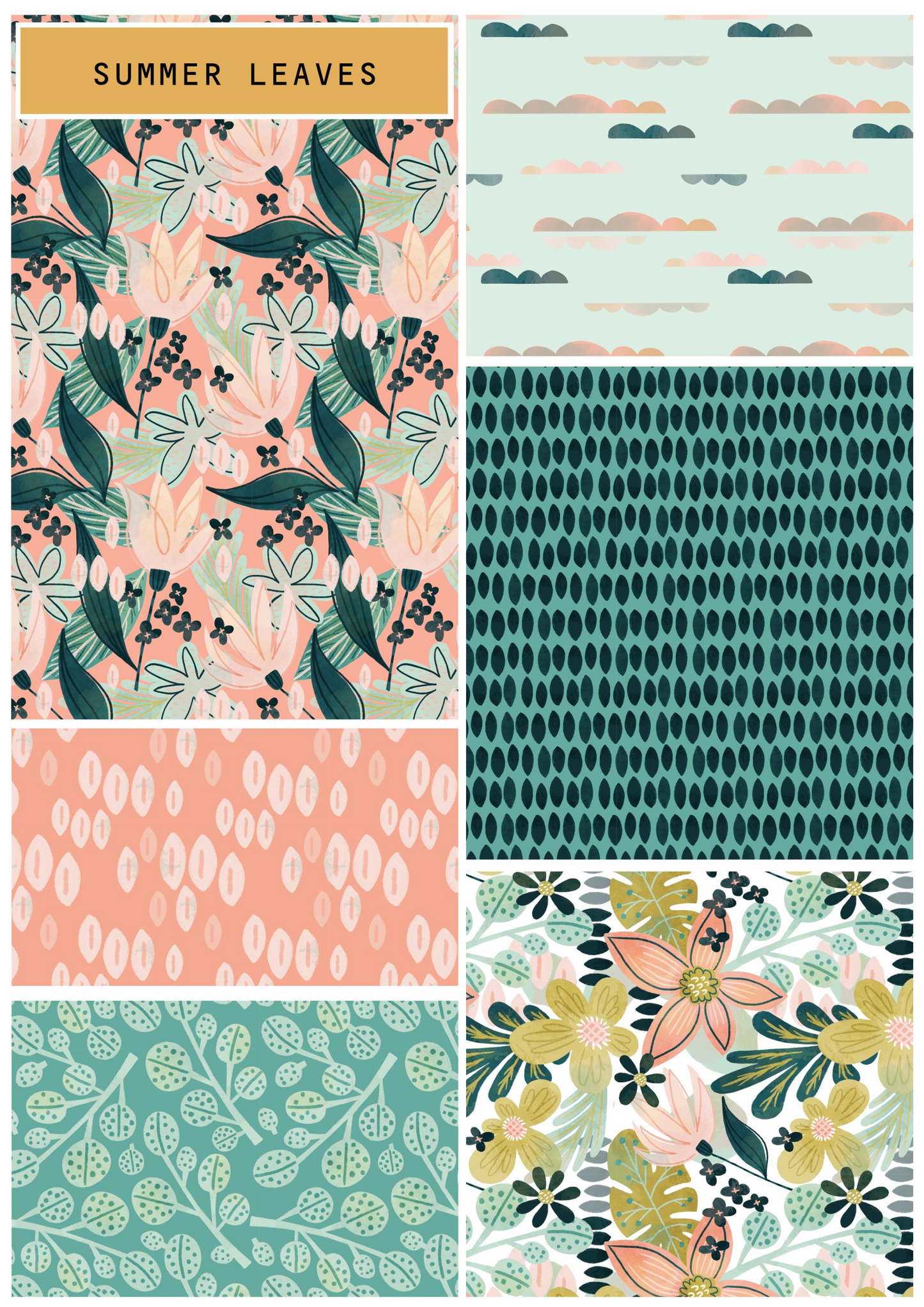 Collection of summer-themed patterned designs including leaves and floral elements.