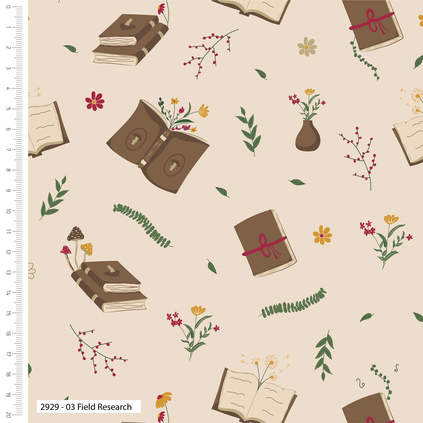 Pattern of books and flowers on a beige background with a ruler on the left.