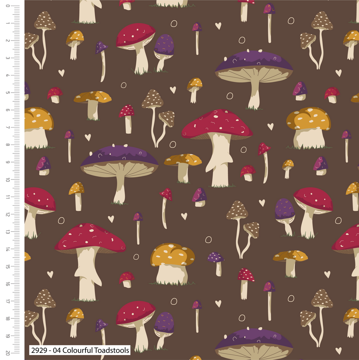 Pattern of colorful mushrooms on a brown background with a ruler for scale.