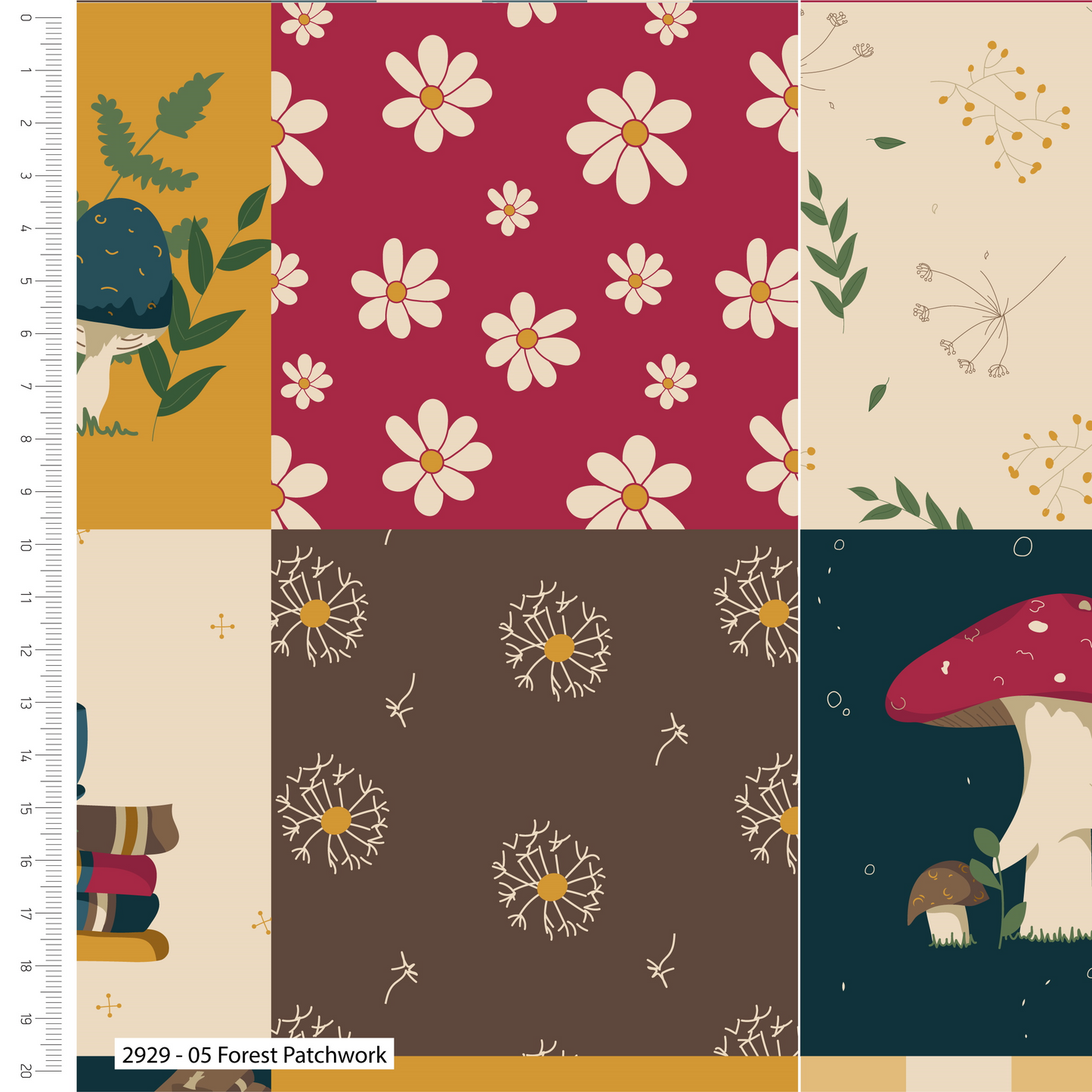 Patchwork fabric design with floral, mushroom, and leaf patterns on a ruler background.