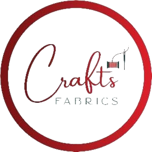 Logo of Crafts Fabrics with a red circle around it on a white background