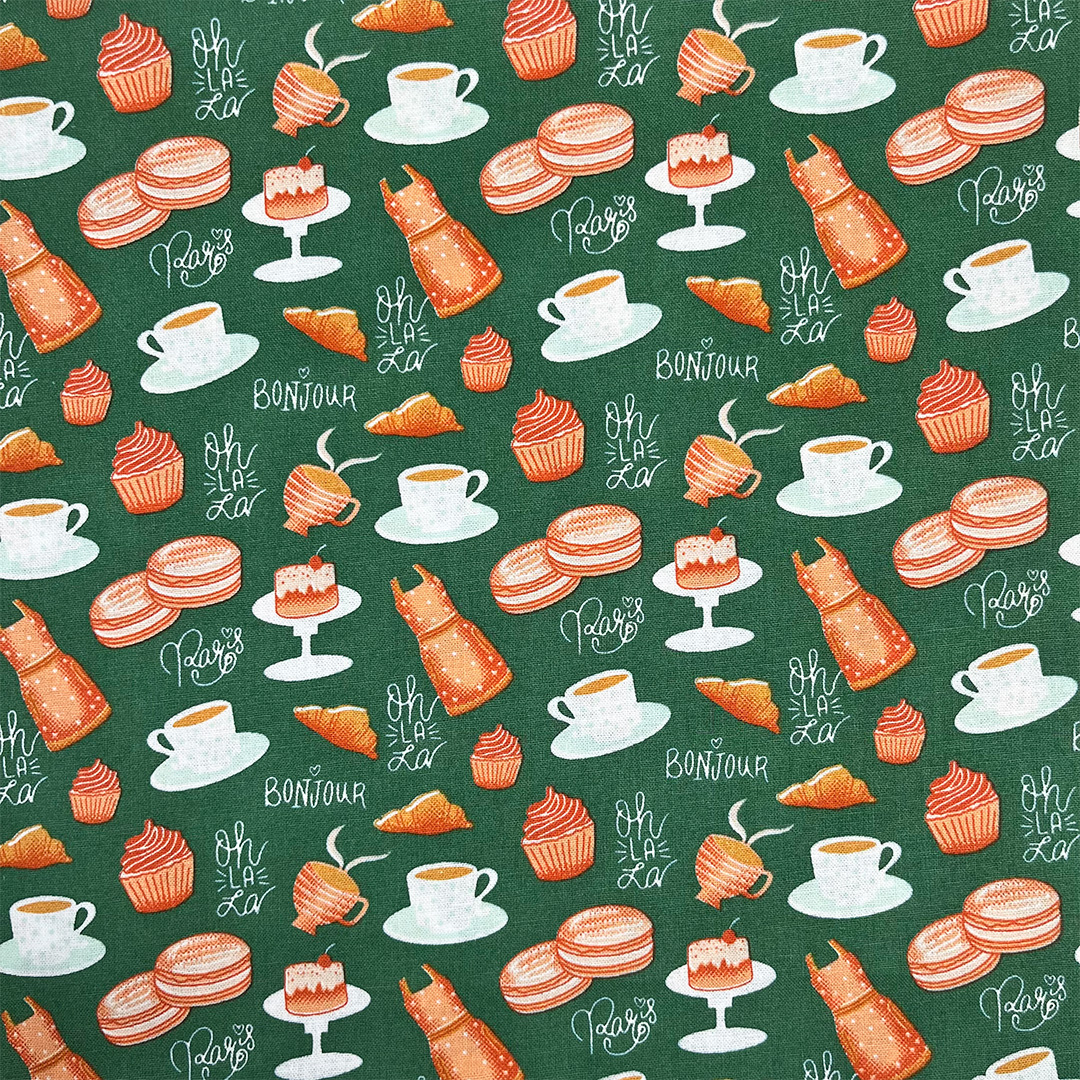 Pattern of French pastries, coffee cups, and text on a green background