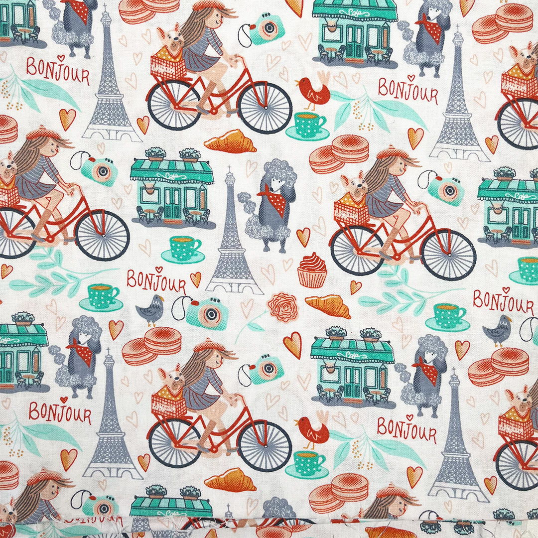 Pattern with cyclists, Eiffel Tower, and Parisian elements on a white background