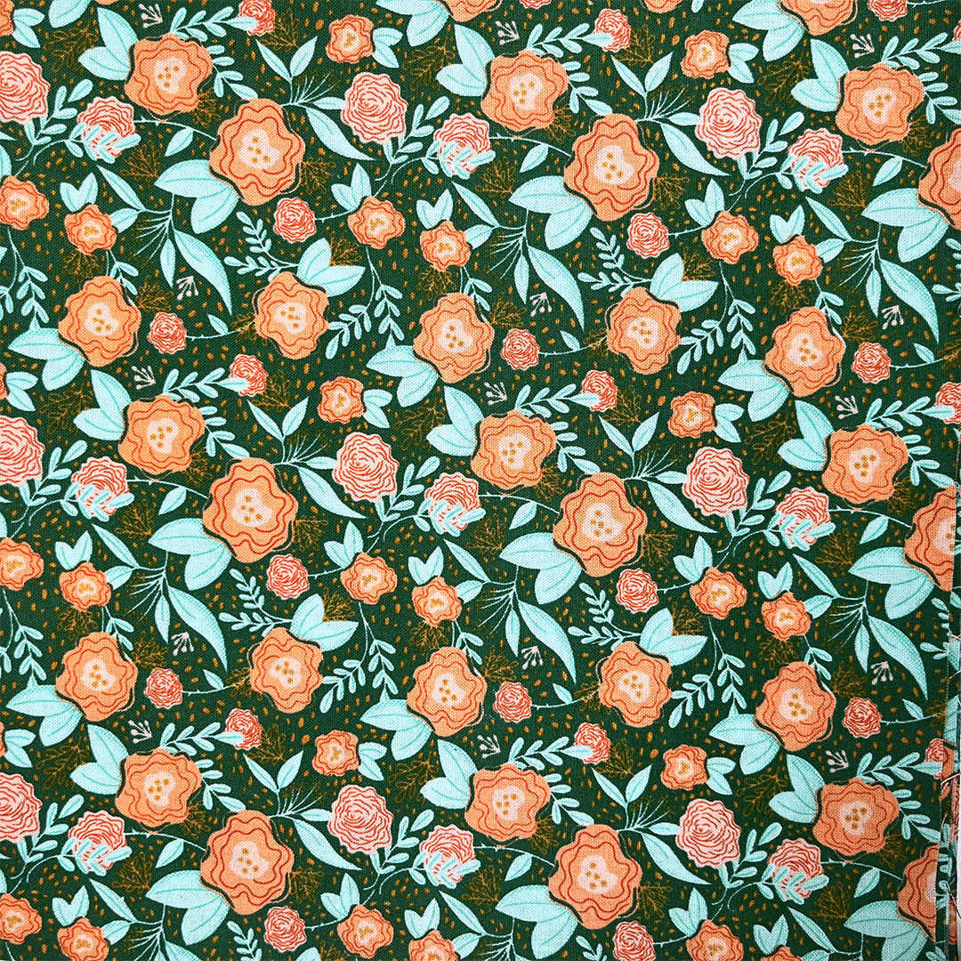Pattern of orange flowers and green leaves on a dark background