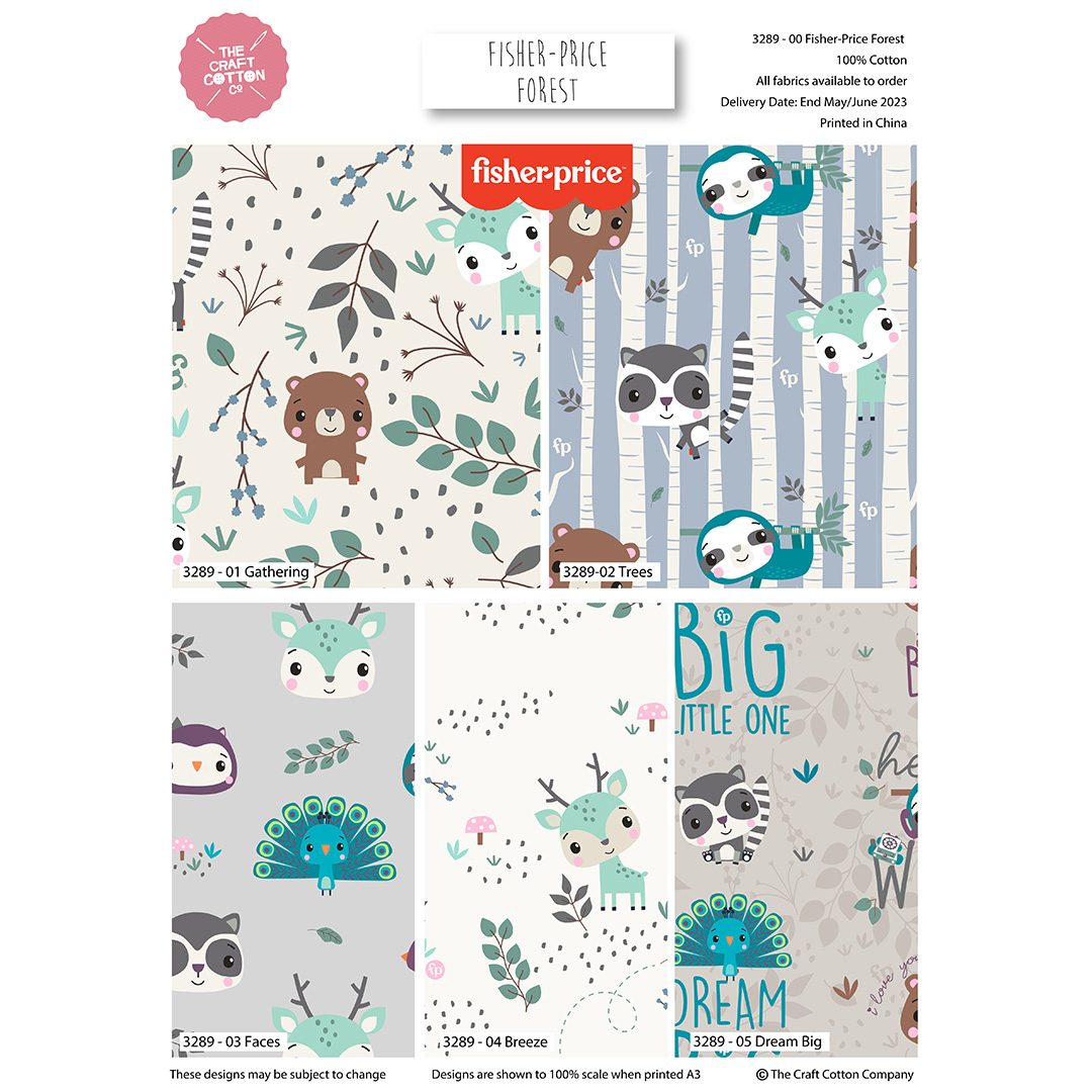 Fisher-Price forest-themed fabric swatches with animals and text on a white background