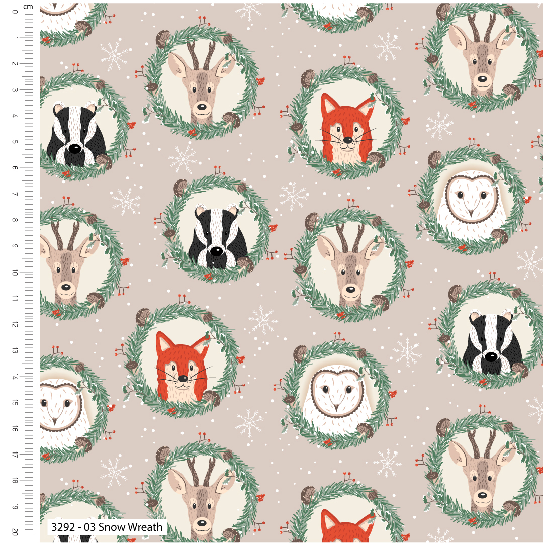 Fabric with woodland animal pattern on a beige background