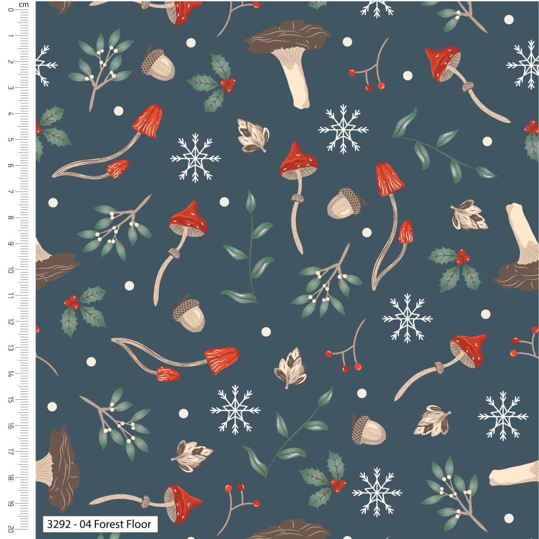 Pattern of mushrooms, leaves, acorns, and snowflakes on a blue background with a ruler on the side.