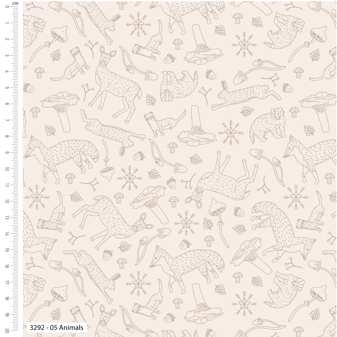Pattern of animals and nature elements on a beige background with a ruler on the left side.