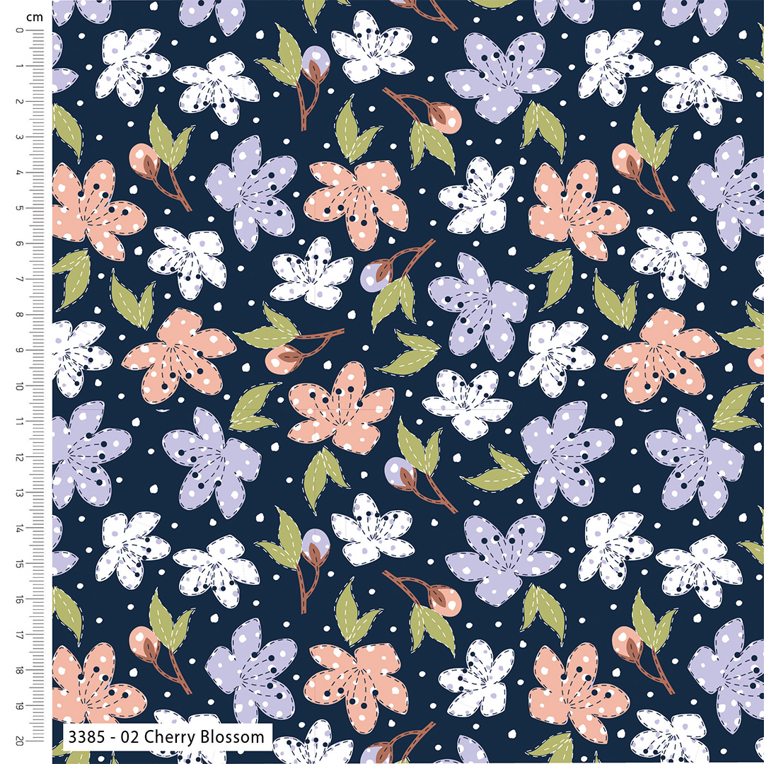 Floral pattern with cherry blossoms on a navy background