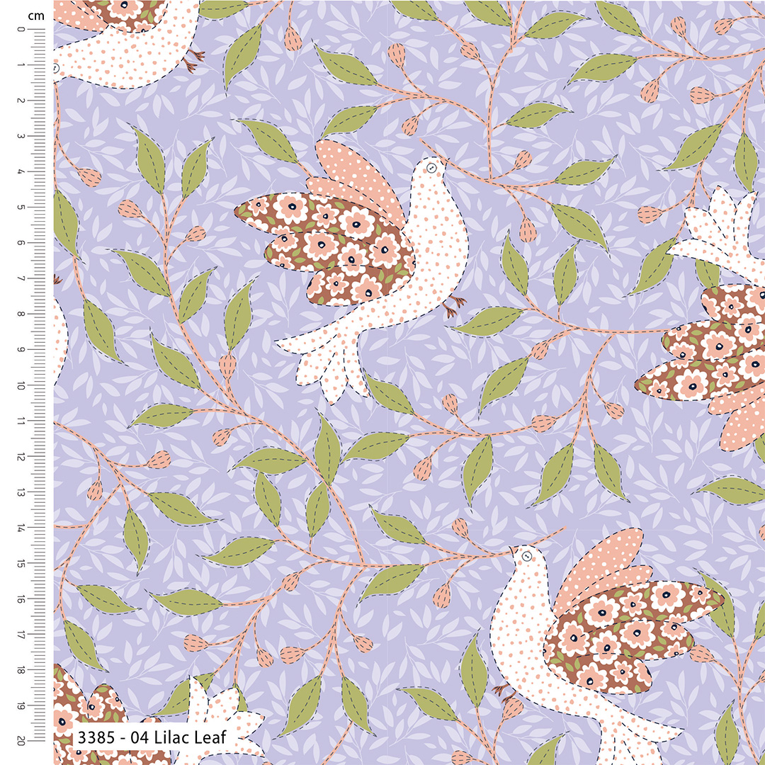 Patterned fabric with birds, flowers, and leaves on a purple background