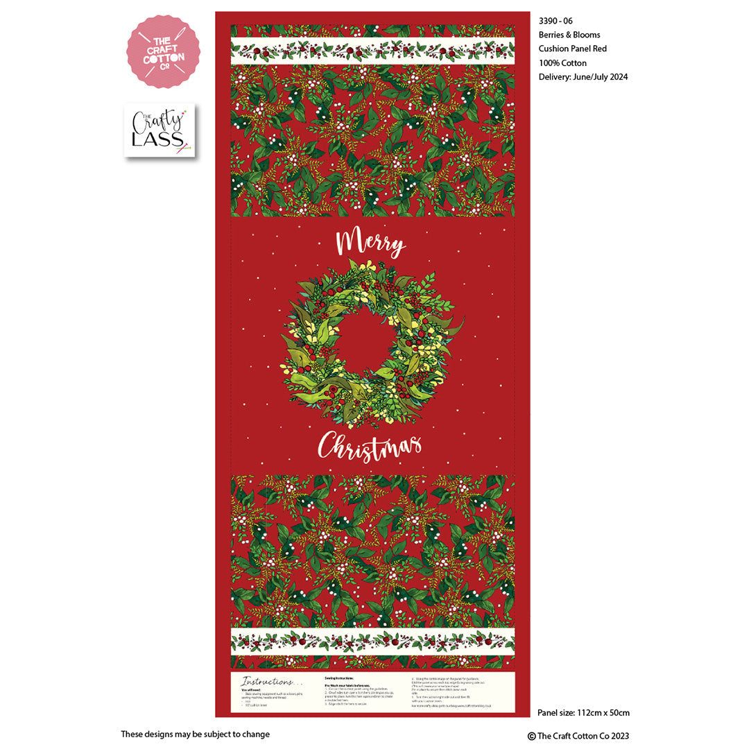 Red fabric panel with Christmas wreath design and 'Merry Christmas' text on a white background.