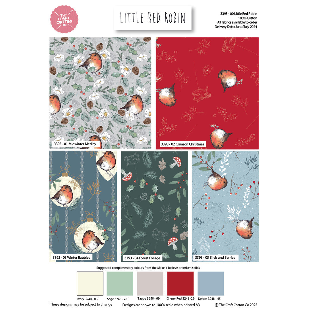 Collection of fabric swatches with Little Red Robin designs on a white background.