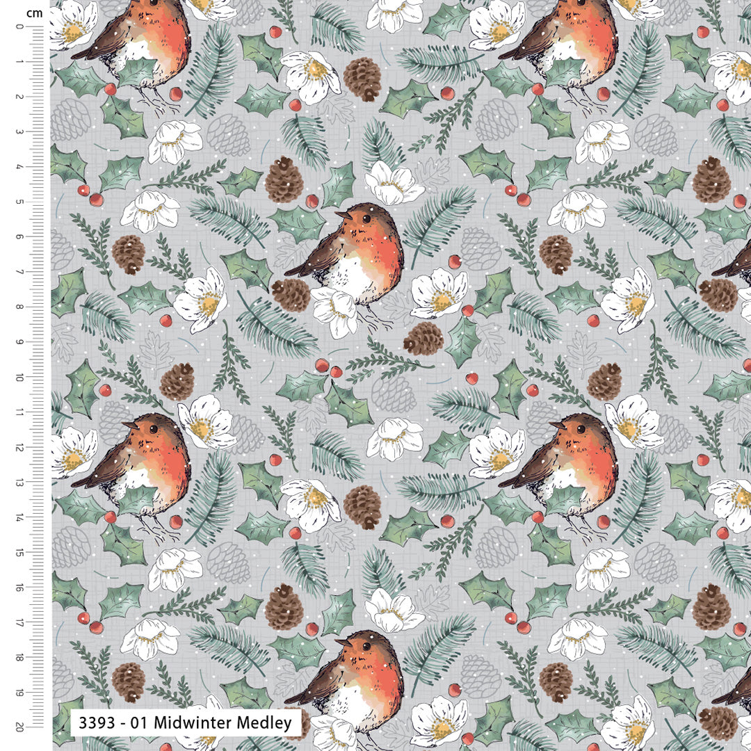 Festive fabric pattern with robins, holly, and pine cones on a gray background.
