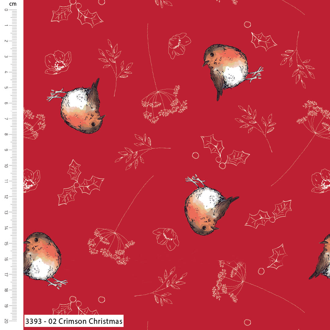 Pattern of birds and plants on a red background with a ruler on the side.