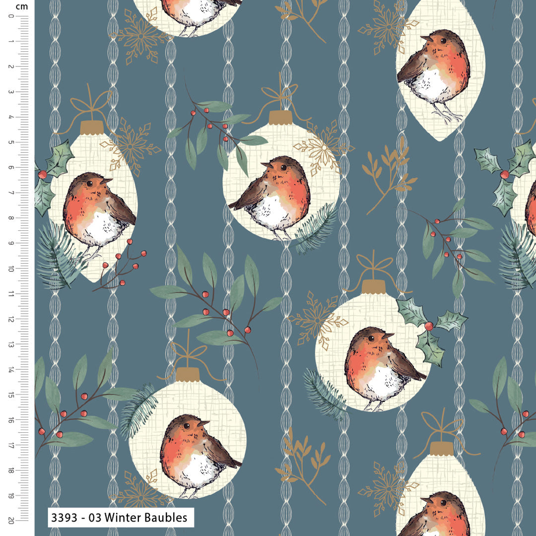Pattern of Christmas baubles with birds and foliage on a blue background, with a ruler on the left side.