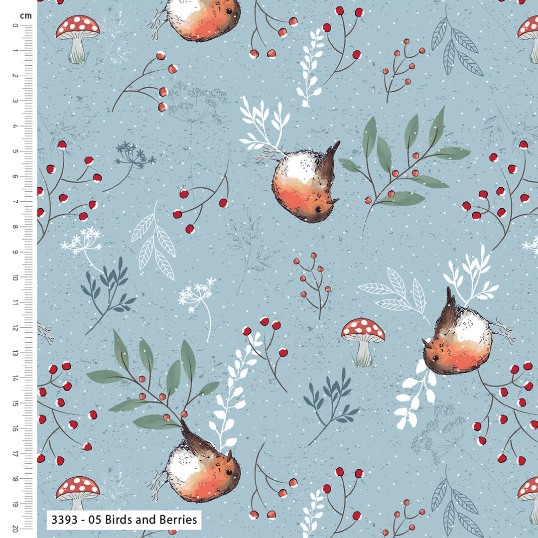 Pattern of birds, berries, and mushrooms on a blue background with a ruler on the left side.