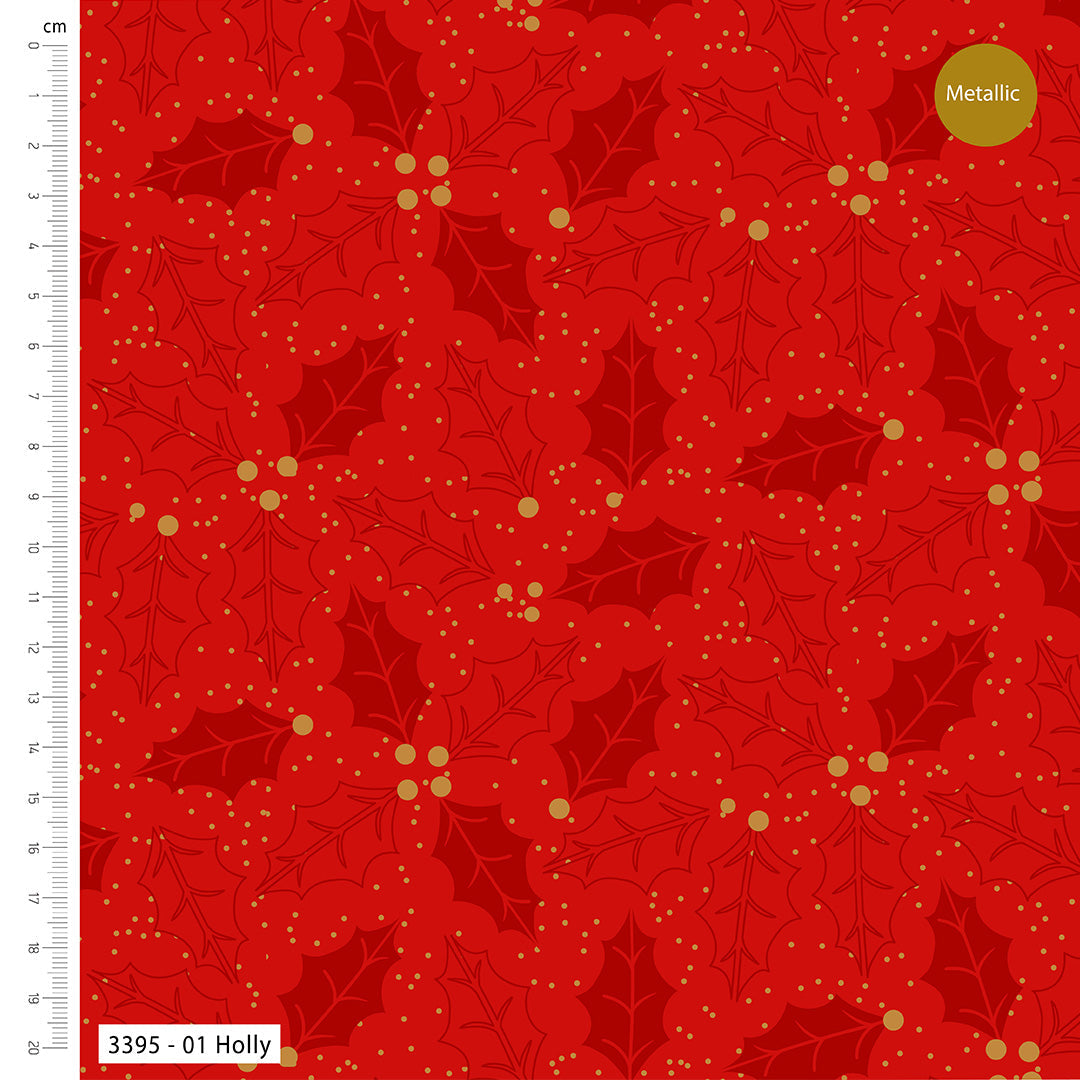 Red fabric with holly leaves and berries pattern on a red background