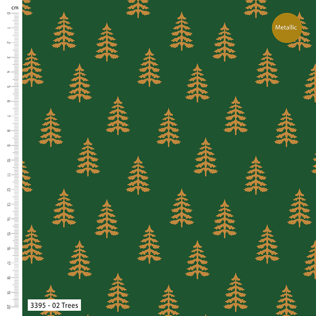 Pattern of gold trees on a green background with a ruler on the left side.