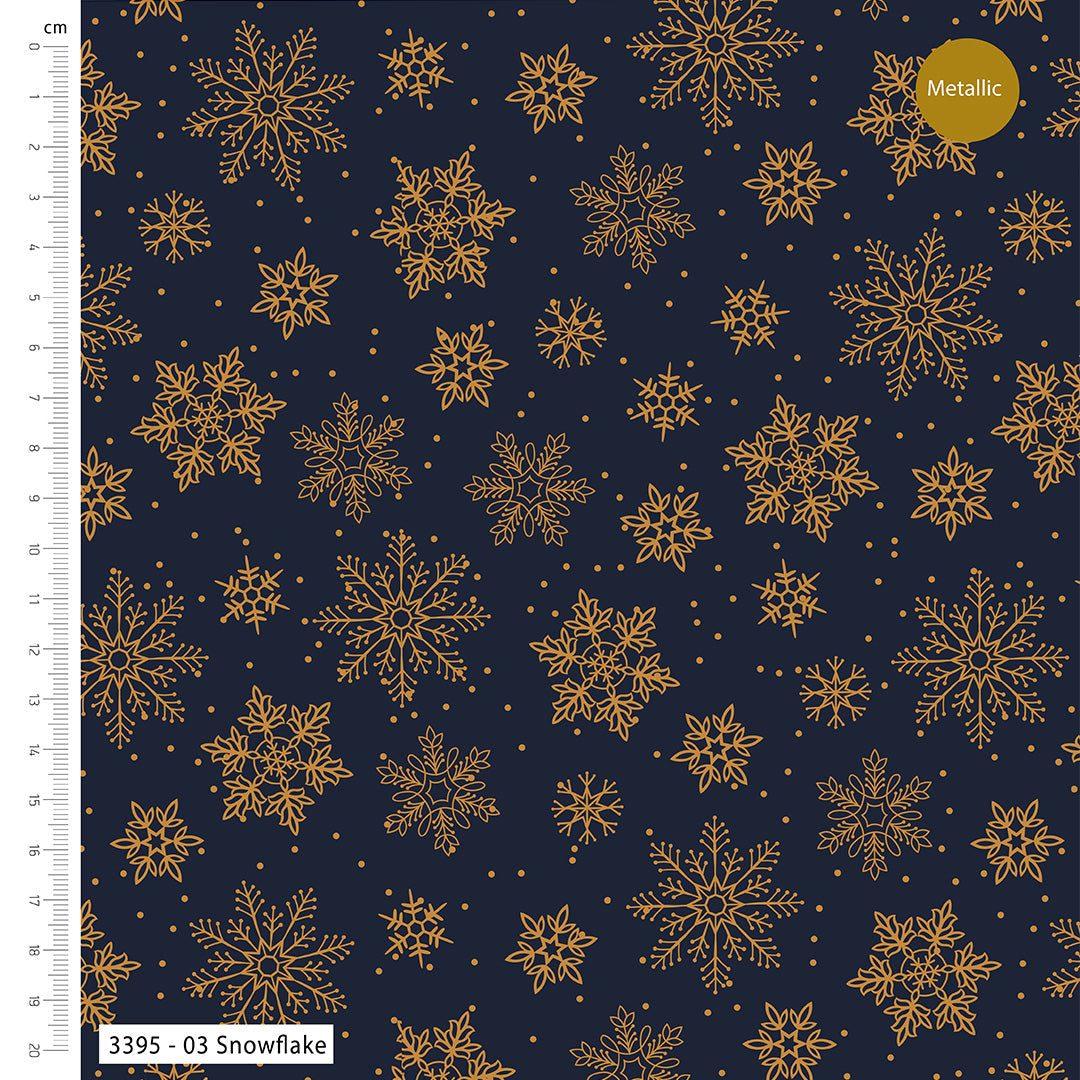 Navy blue fabric with gold snowflake pattern and measurement scale on the side