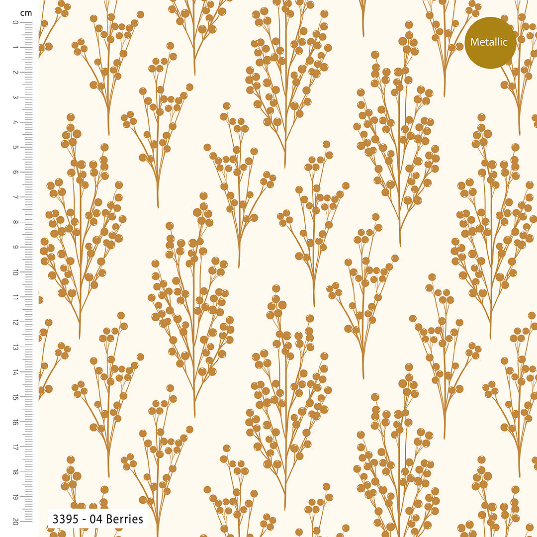 Pattern of gold berries on a beige background with a ruler for scale.