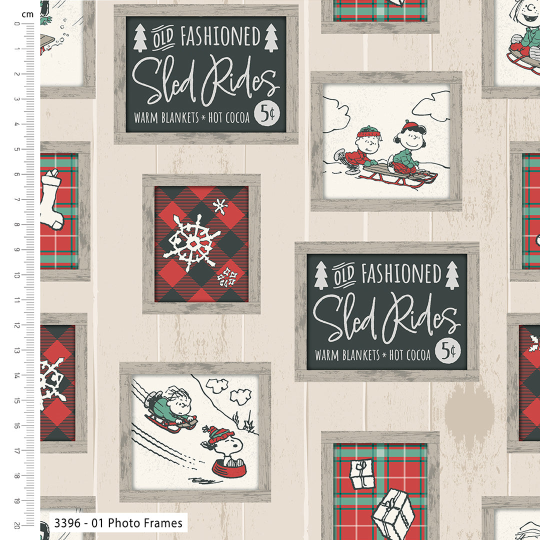 Fabric with Christmas-themed photo frames and illustrations on a plaid patterned background.