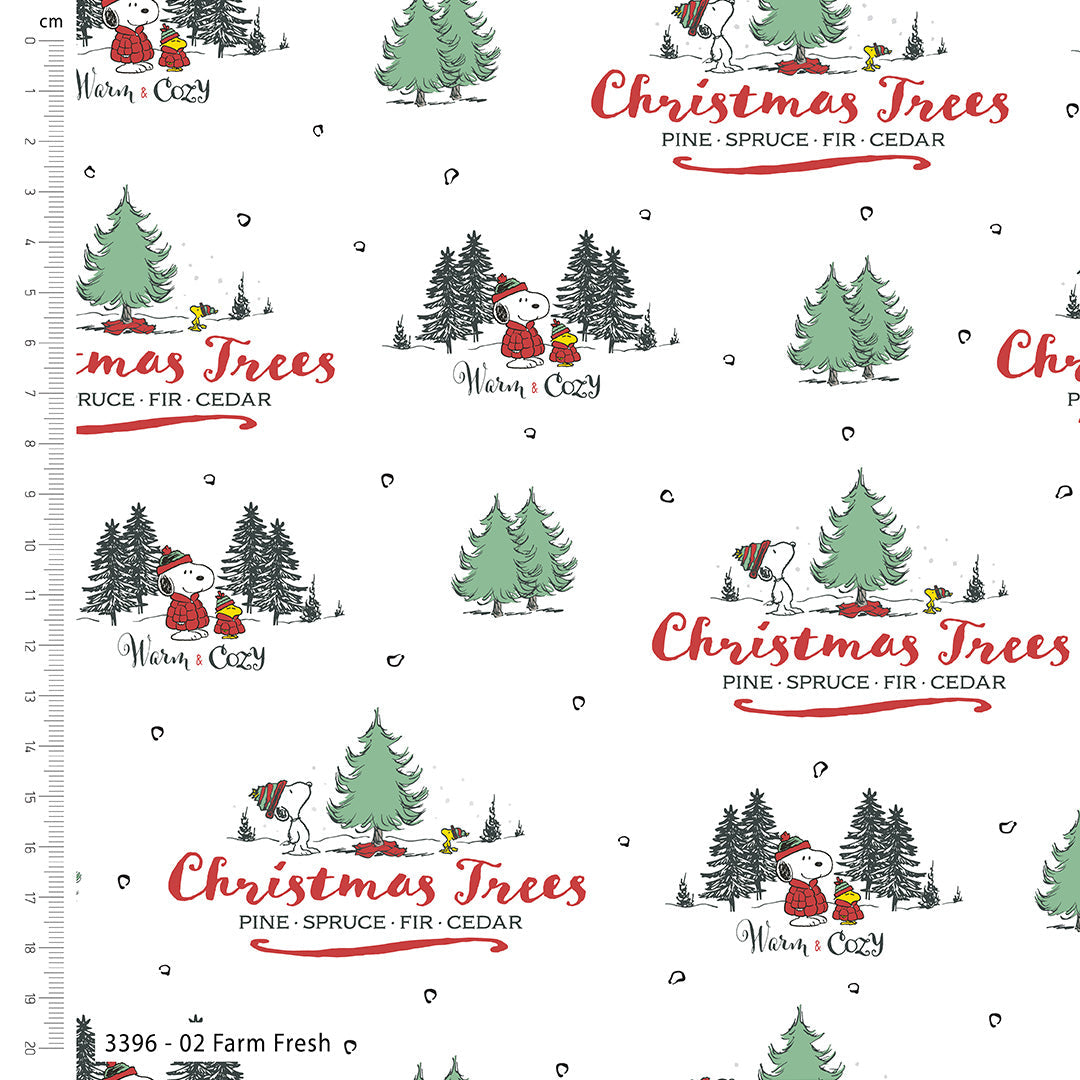 Pattern of Christmas trees and Snoopy with a ruler on a white background