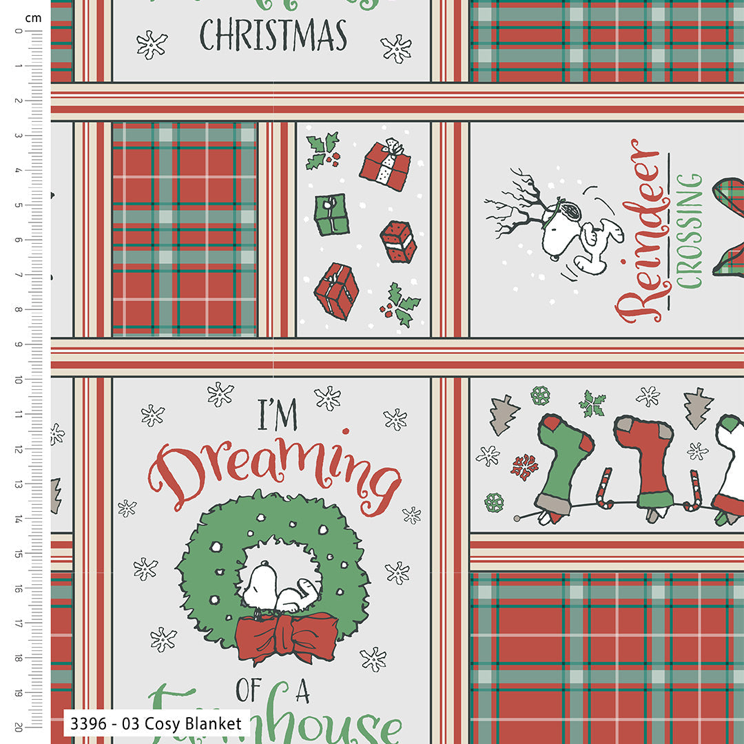 Christmas-themed fabric with plaid patterns, reindeer, and holiday phrases on a white background.
