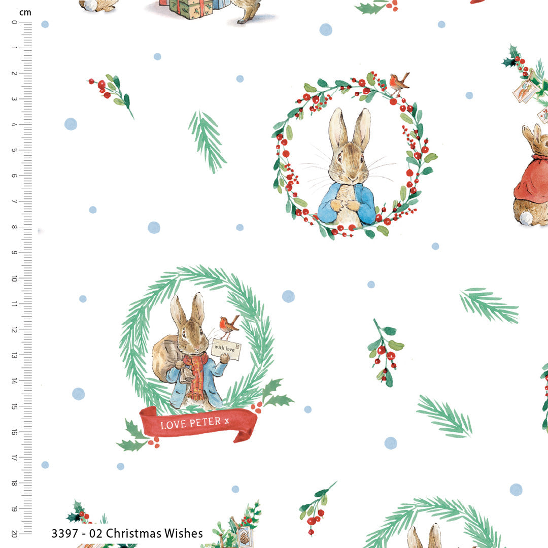 Christmas-themed fabric with illustrations of a rabbit character and festive elements on a white background.