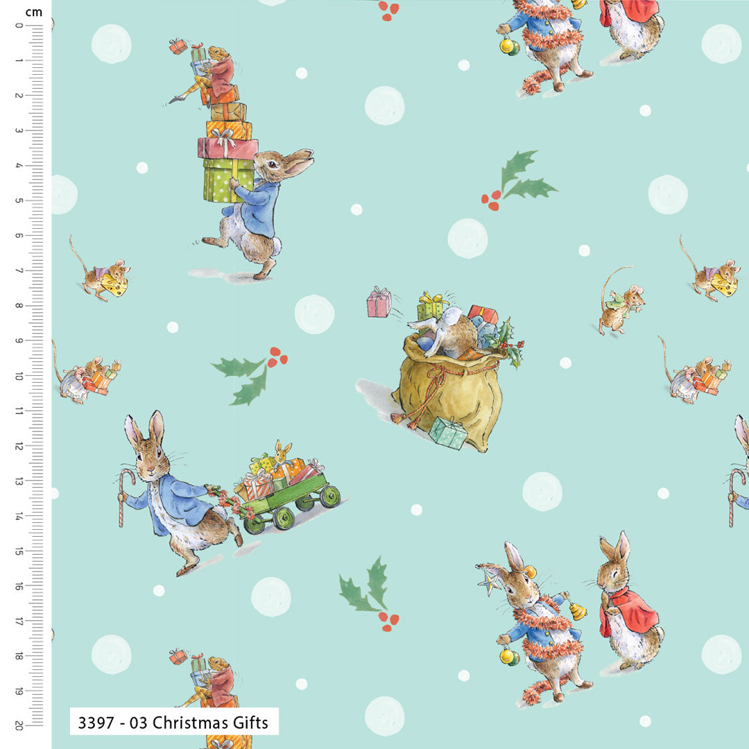 Fabric with cartoon rabbits and hares on a light blue background with white polka dots.