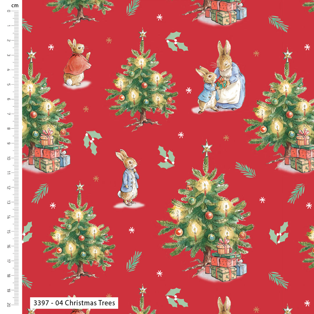 Christmas-themed fabric with trees, presents, and characters on a red background.