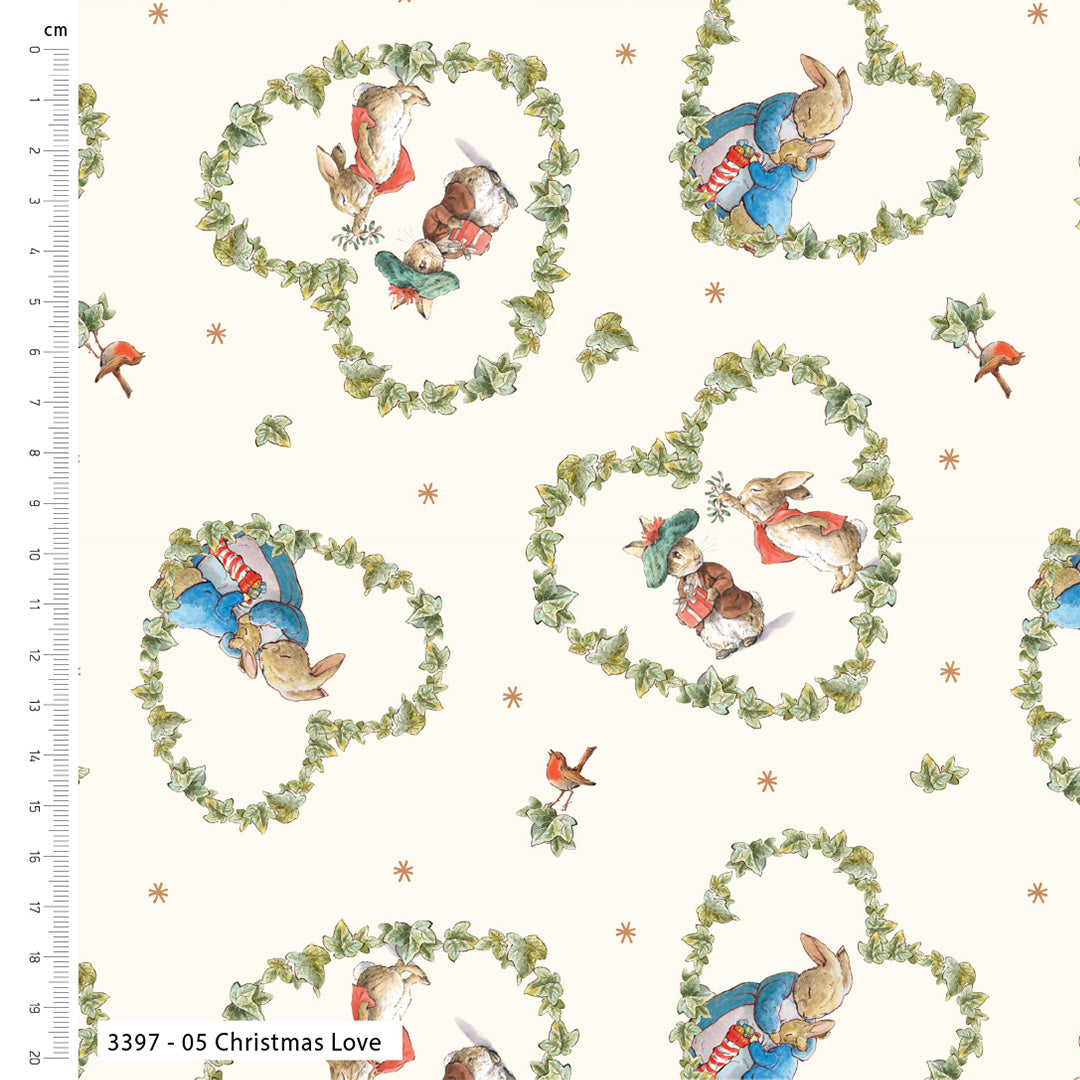 Pattern of cartoon characters in wreaths with a ruler on the side
