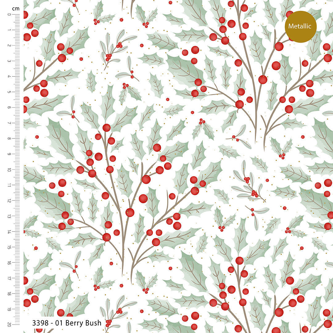 Pattern of holly leaves and berries on a white background with a ruler for scale.