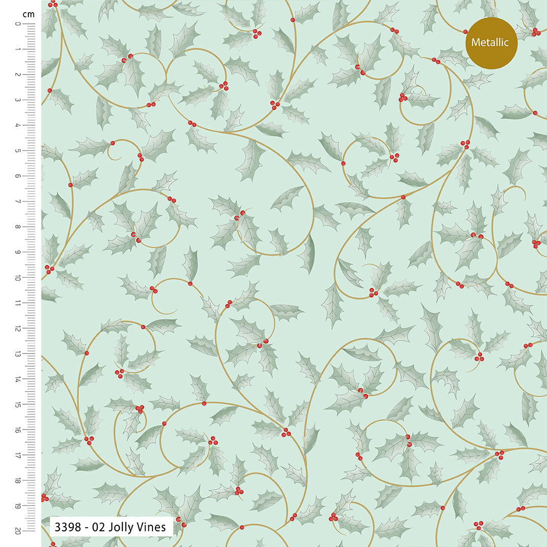 Patterned fabric with holly leaves and berries on a light blue background, featuring a ruler on the left side.