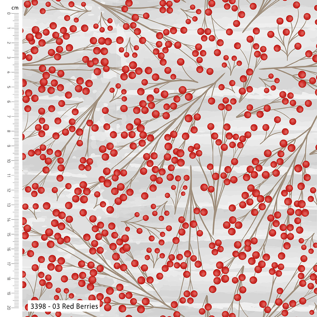 Pattern of red berries on a white background with a ruler for scale.