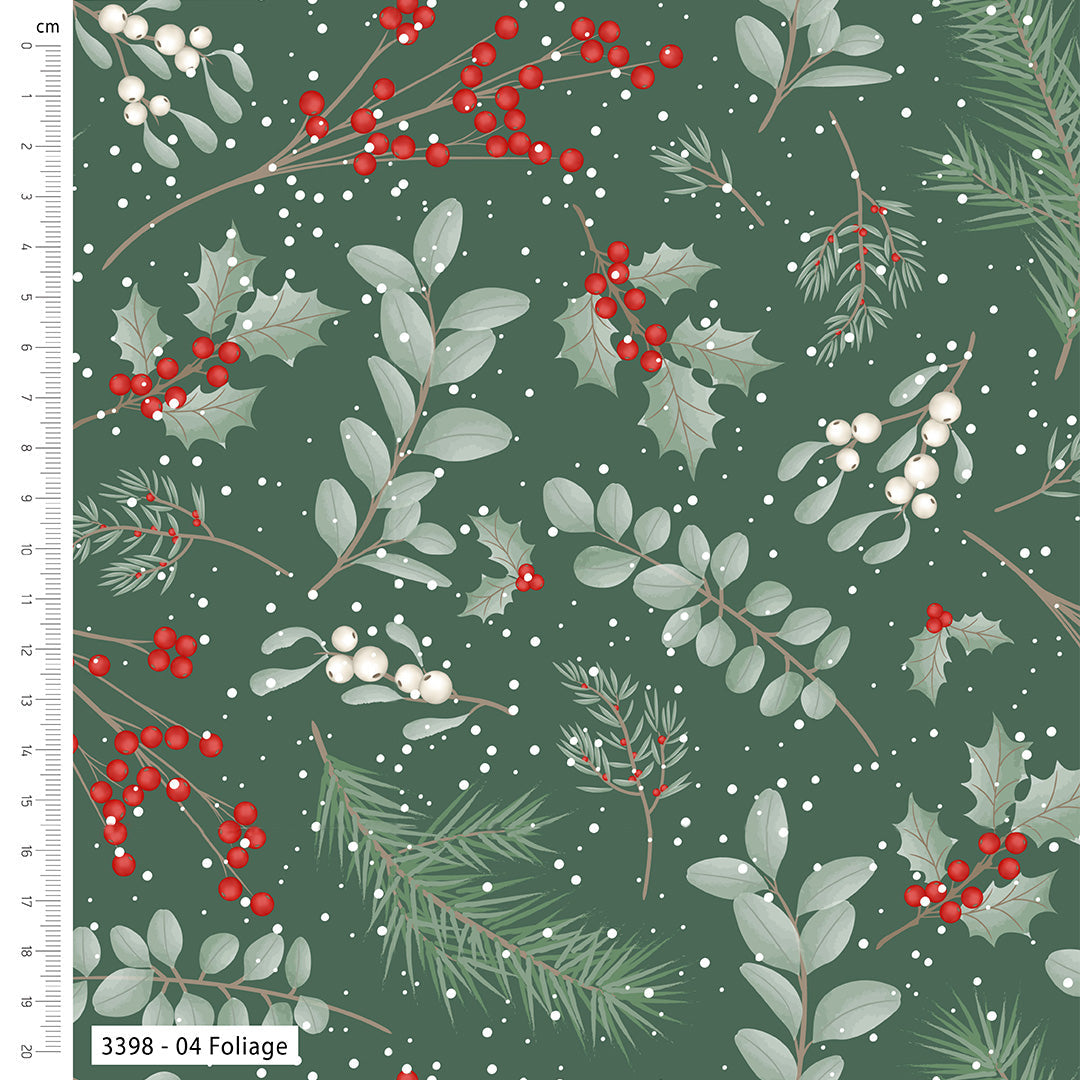 Festive fabric pattern with holly leaves, berries, and evergreen branches on a green background.