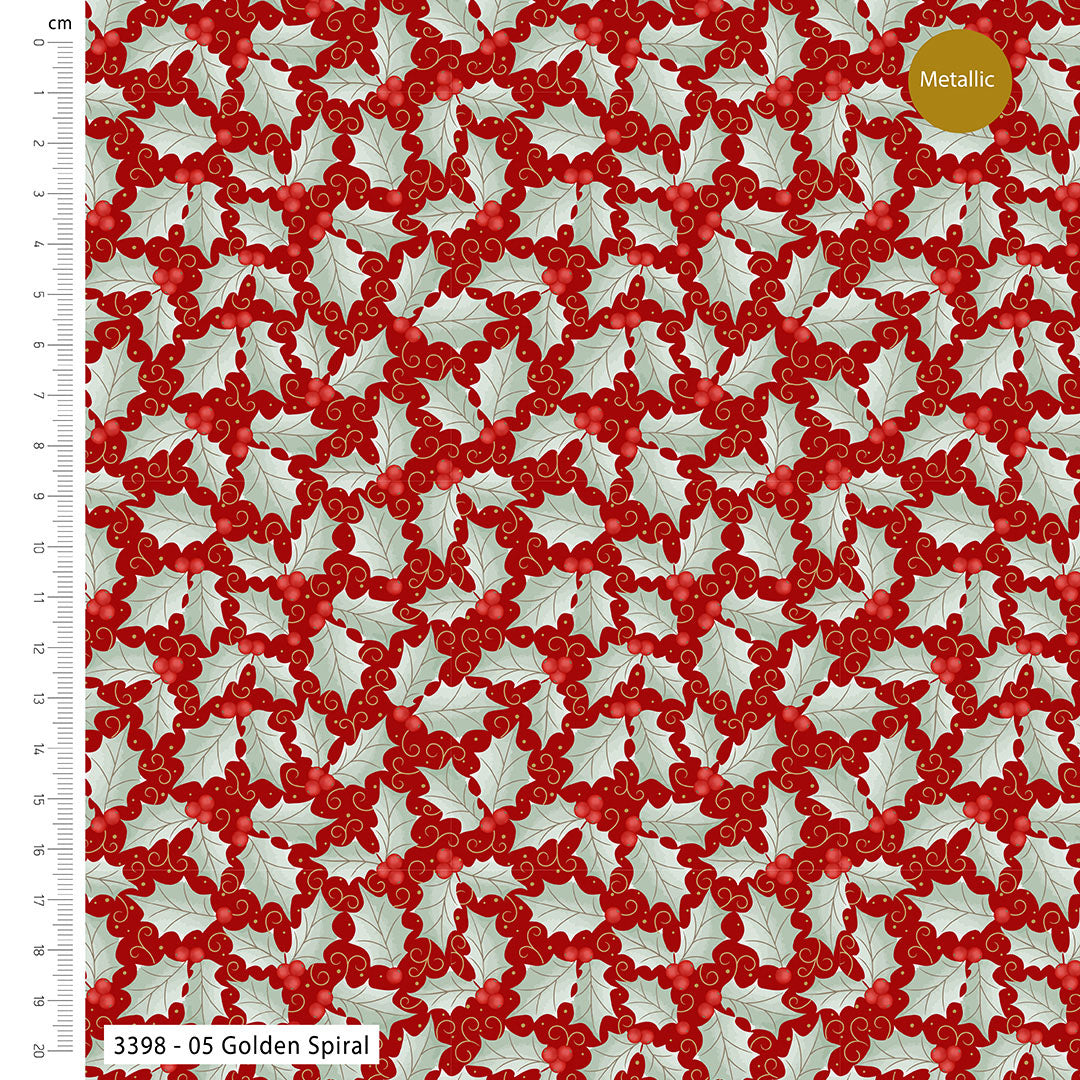 Patterned fabric with red berries and holly leaves on a white background, featuring a ruler on the left side.