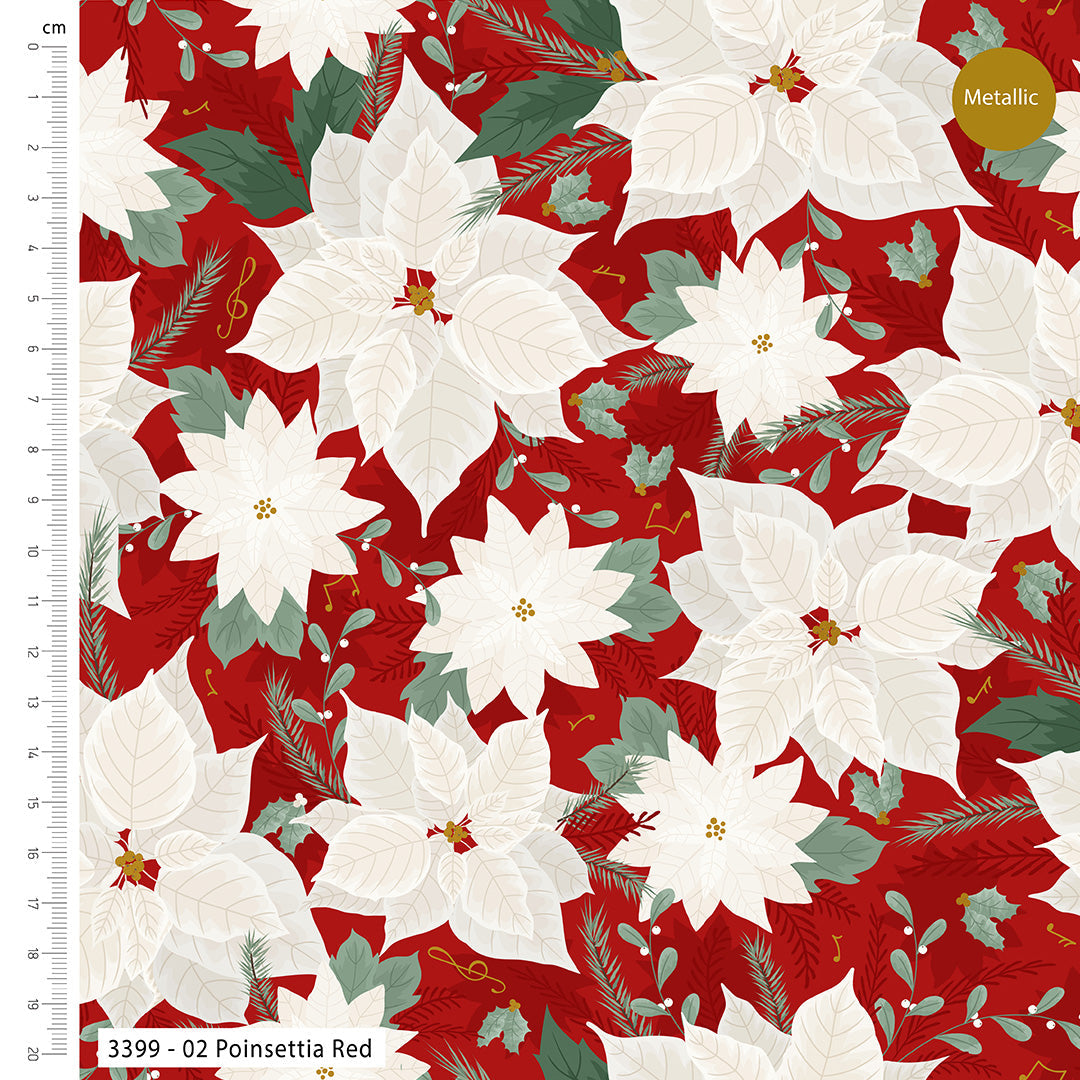 Patterned fabric with white poinsettias on a red background, featuring a ruler for scale.