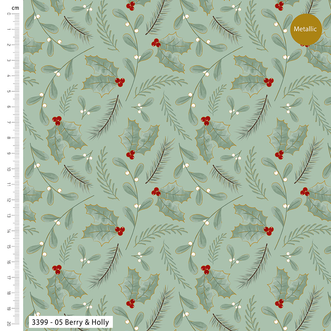Festive fabric pattern with holly berries and leaves on a light blue background, featuring a ruler for scale.