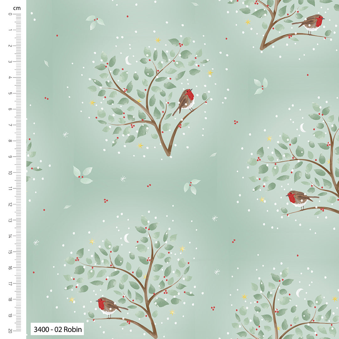 Pattern of trees with red birds on a light blue background with a ruler on the left.