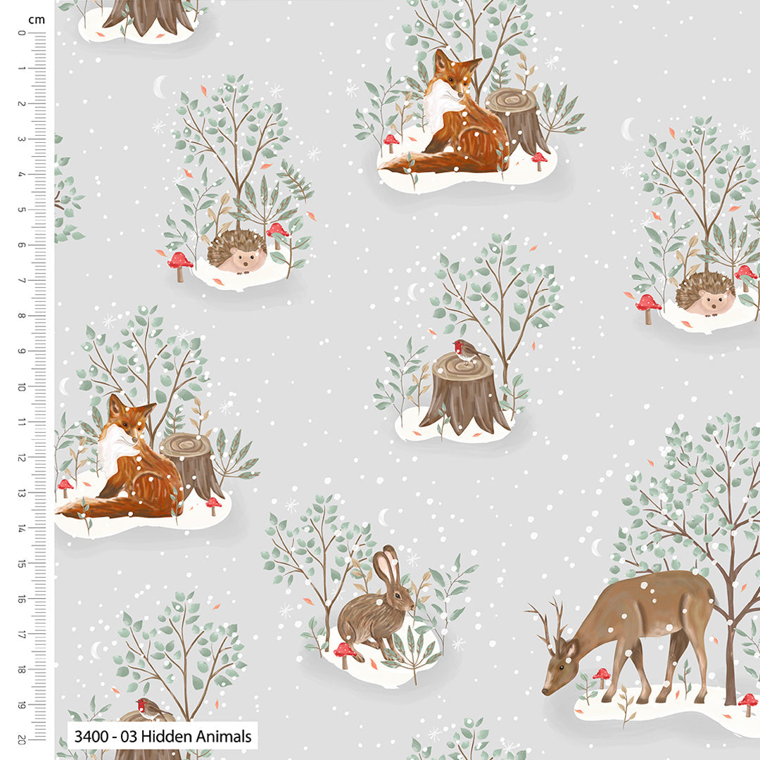 Pattern of forest animals and trees on a gray background with a ruler on the left side.
